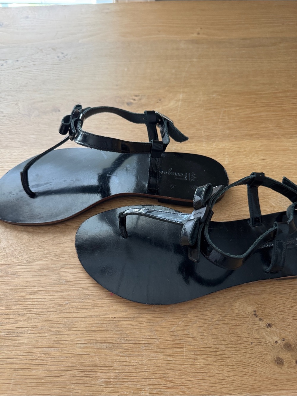 Salvatore Ferragamo Black Patent Leather Sandals Size 8